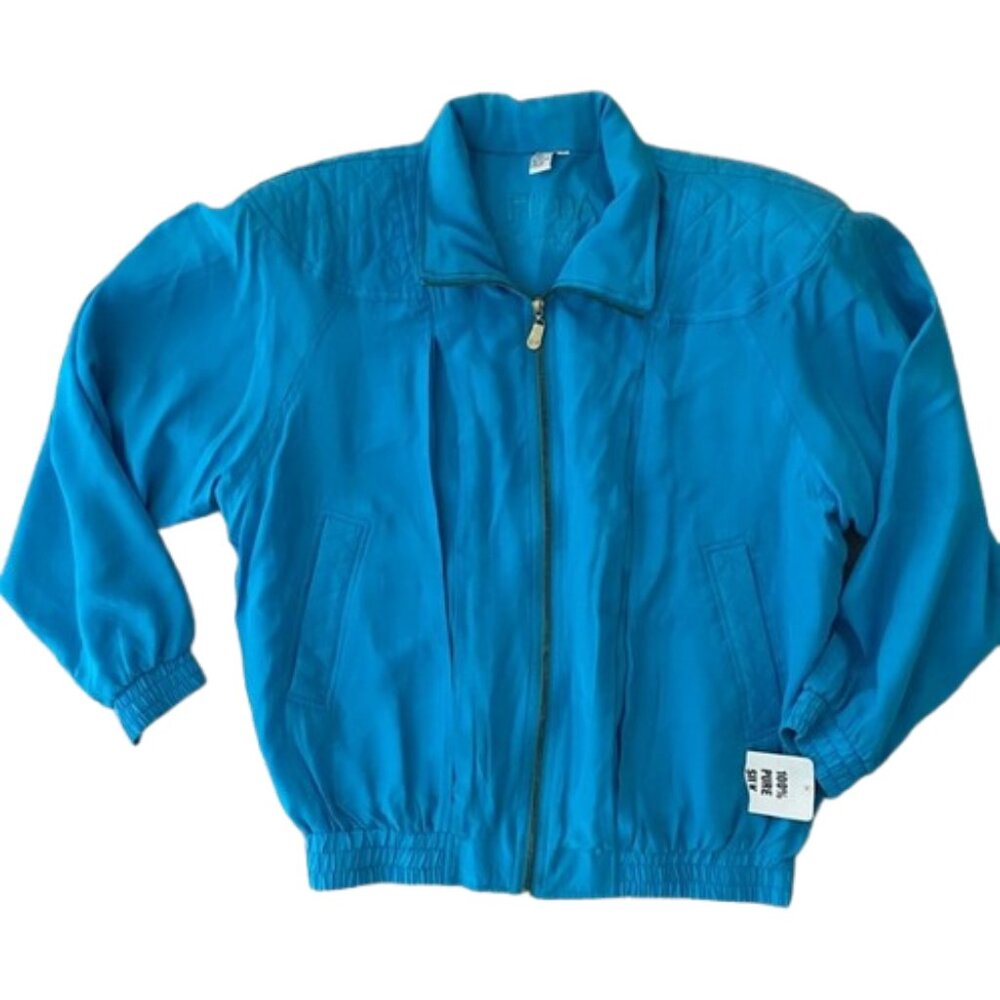 New Vintage Fuda International Blue Silk Quilted Bomber Jacket (M)
